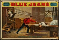 6r0007 BLUE JEANS 28x42 stage poster 1890s stone litho of man about to be bisected by sawblade!