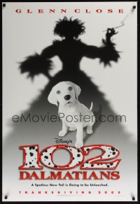 0030UF 102 DALMATIANS DS teaser 1sh '00 Walt Disney, shadow of wicked Glenn Close & cute puppy!