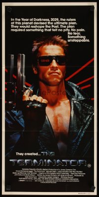 1335FF TERMINATOR Aust daybill '84 super close up of classic cyborg Arnold Schwarzenegger w/gun!