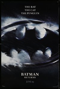 2038UF BATMAN RETURNS teaser 1sh '92 Tim Burton, The Bat, The Cat, The Penguin, cool logo design!