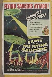 f410 EARTH VS THE FLYING SAUCERS one-sheet movie poster '56 sci-fi classic!