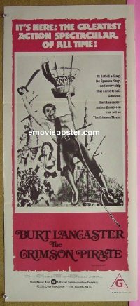 #8644 CRIMSON PIRATE Aust daybill R1970s great image of barechested Burt Lancaster swinging on rope!