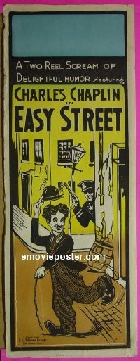 #8008 EASY STREET long Aust daybill R1924 great art of Charlie Chaplin as The Tramp running from cop