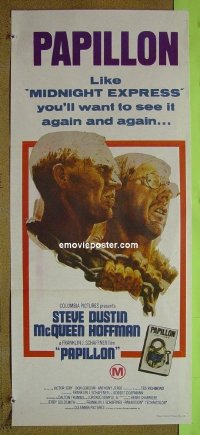 #230 PAPILLON Aust daybill R1970s art of prisoners Steve McQueen & Dustin Hoffman by Tom Jung!