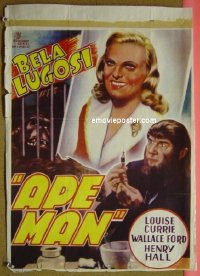 #2606 APE MAN Belgian '43 Bela Lugosi, horror 