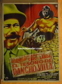 #3229 EL TESORO DE PANCHO VILLA Mexican poster 1954  art of masked wrestler & pile of gold by Diaz!