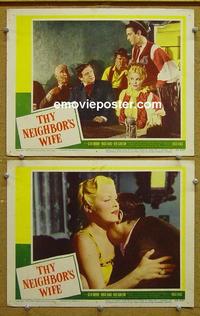 G129 THY NEIGHBOR'S WIFE 2 lobby cards '53 sexy Cleo Moore!