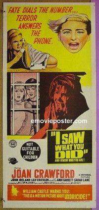 K525 I SAW WHAT YOU DID Australian daybill movie poster '65 Crawford