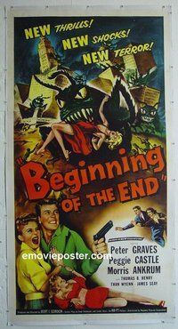 M026 BEGINNING OF THE END linen three-sheet movie poster '57 Peter Graves