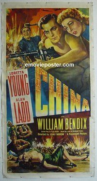 M031 CHINA linen three-sheet movie poster '43 Loretta Young, Alan Ladd