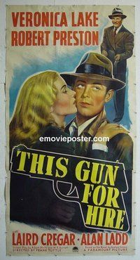 M055 THIS GUN FOR HIRE linen three-sheet movie poster '42 Alan Ladd, V. Lake