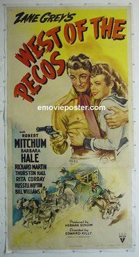 M258 WEST OF THE PECOS linen three-sheet movie poster '45 Robert Mitchum