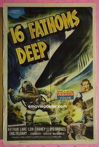 P015 16 FATHOMS DEEP one-sheet movie poster '48 Lon Chaney, Jr.