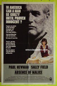 A027 ABSENCE OF MALICE one-sheet movie poster '81 Paul Newman, Sally Field