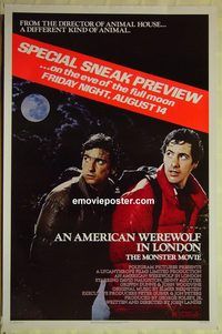 v006 AMERICAN WEREWOLF IN LONDON sneak preview one-sheet movie poster '81