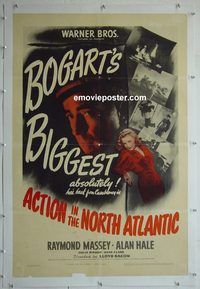 y303 ACTION IN THE NORTH ATLANTIC linen one-sheet movie poster '43 Bogart