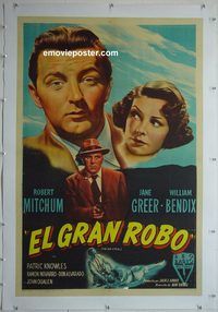 y193 BIG STEAL linen Argentinean movie poster '49 Mitchum, Greer