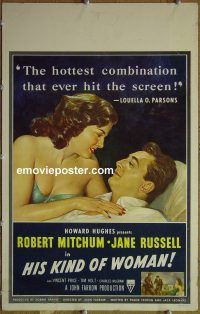 d070 HIS KIND OF WOMAN window card movie poster '51 Mitchum, Russell