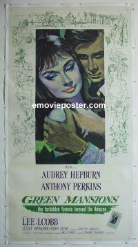 e018 GREEN MANSIONS linen three-sheet movie poster '59 Audrey Hepburn, Perkins