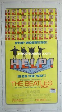 e019 HELP linen three-sheet movie poster '65 The Beatles, rock classic!