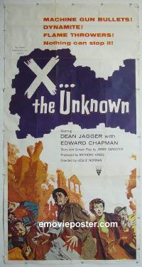 e380 X THE UNKNOWN three-sheet movie poster '57 spooky Hammer sci-fi!