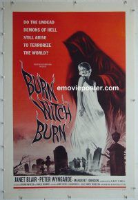 e127 BURN WITCH BURN linen one-sheet movie poster '62 demons of Hell!