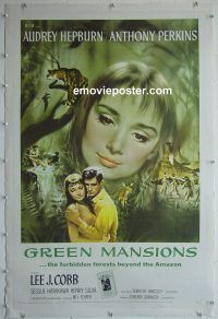 e142 GREEN MANSIONS linen one-sheet movie poster '59 Audrey Hepburn, Perkins
