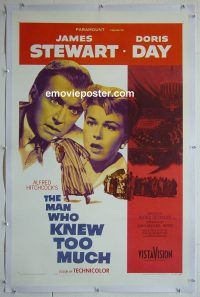 e159 MAN WHO KNEW TOO MUCH linen one-sheet movie poster '56 Stewart, Day