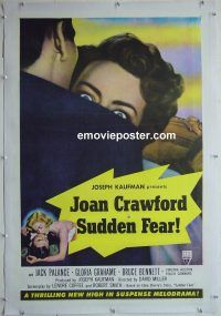 e180 SUDDEN FEAR linen one-sheet movie poster '52 Joan Crawford, Palance