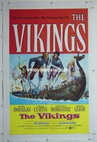 e191 VIKINGS linen one-sheet movie poster '58 Kirk Douglas, Tony Curtis