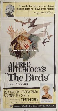 f001 BIRDS three-sheet movie poster '63 Alfred Hitchcock, Rod Taylor