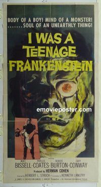 f003 I WAS A TEENAGE FRANKENSTEIN three-sheet movie poster '57 AIP horror!