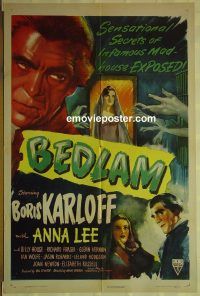 f302 BEDLAM one-sheet movie poster '46 Boris Karloff, Anna Lee