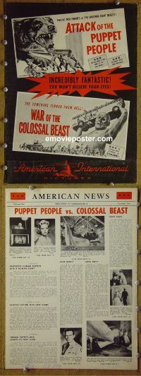 g049 ATTACK OF PUPPET PEOPLE/WAR OF THE COLOSSAL BEAST vintage movie pressbook '58