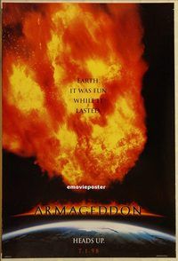 h218 ARMAGEDDON DS teaser one-sheet movie poster '98 Bruce Willis, Affleck