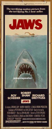 h091 JAWS insert movie poster '75 Steven Spielberg, Scheider, shark!