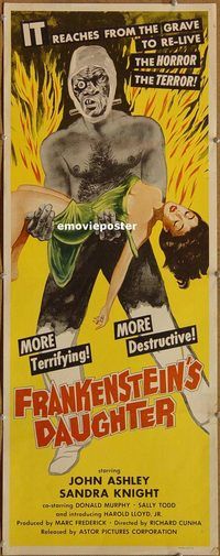 h085 FRANKENSTEIN'S DAUGHTER insert movie poster '58 more terrifying!