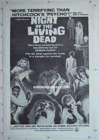 h023 NIGHT OF THE LIVING DEAD linen 1sh 1968 Romero zombie classic, more terrifying than Psycho!