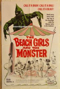 y088 BEACH GIRLS & THE MONSTER one-sheet movie poster '65 wacky monster!