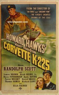 y243 CORVETTE K-225 one-sheet movie poster '43 Randolph Scott, Navy ship!