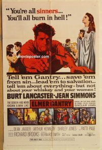 y340 ELMER GANTRY one-sheet movie poster '60 Burt Lancaster, Jean Simmons