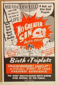 y806 NO GREATER SIN/BIRTH OF TRIPLETS one-sheet movie poster '50s sex!