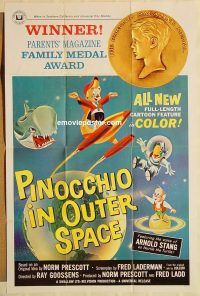 y873 PINOCCHIO IN OUTER SPACE one-sheet movie poster '65 cartoon!