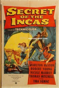 y980 SECRET OF THE INCAS one-sheet movie poster '54 Charlton Heston