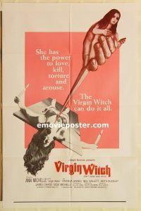 z198 VIRGIN WITCH int'l 1sh '72 Ann Michelle occult horror, wild image of girl to be sacrificed!