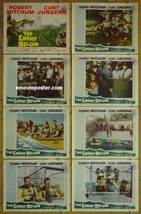 a238 ENEMY BELOW 8 movie lobby cards '58 Robert Mitchum, Curt Jurgens