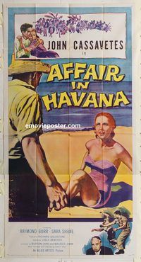 b569 AFFAIR IN HAVANA three-sheet movie poster '57 John Cassavetes, Burr