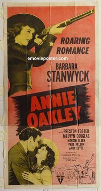b573 ANNIE OAKLEY three-sheet movie poster R52 Barbara Stanwyck, Foster
