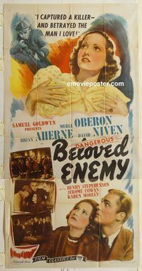 b586 BELOVED ENEMY three-sheet movie poster R44 Merle Oberon, Aherne, Niven