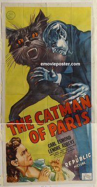 b608 CATMAN OF PARIS three-sheet movie poster '46 Lesley Selander, horror!